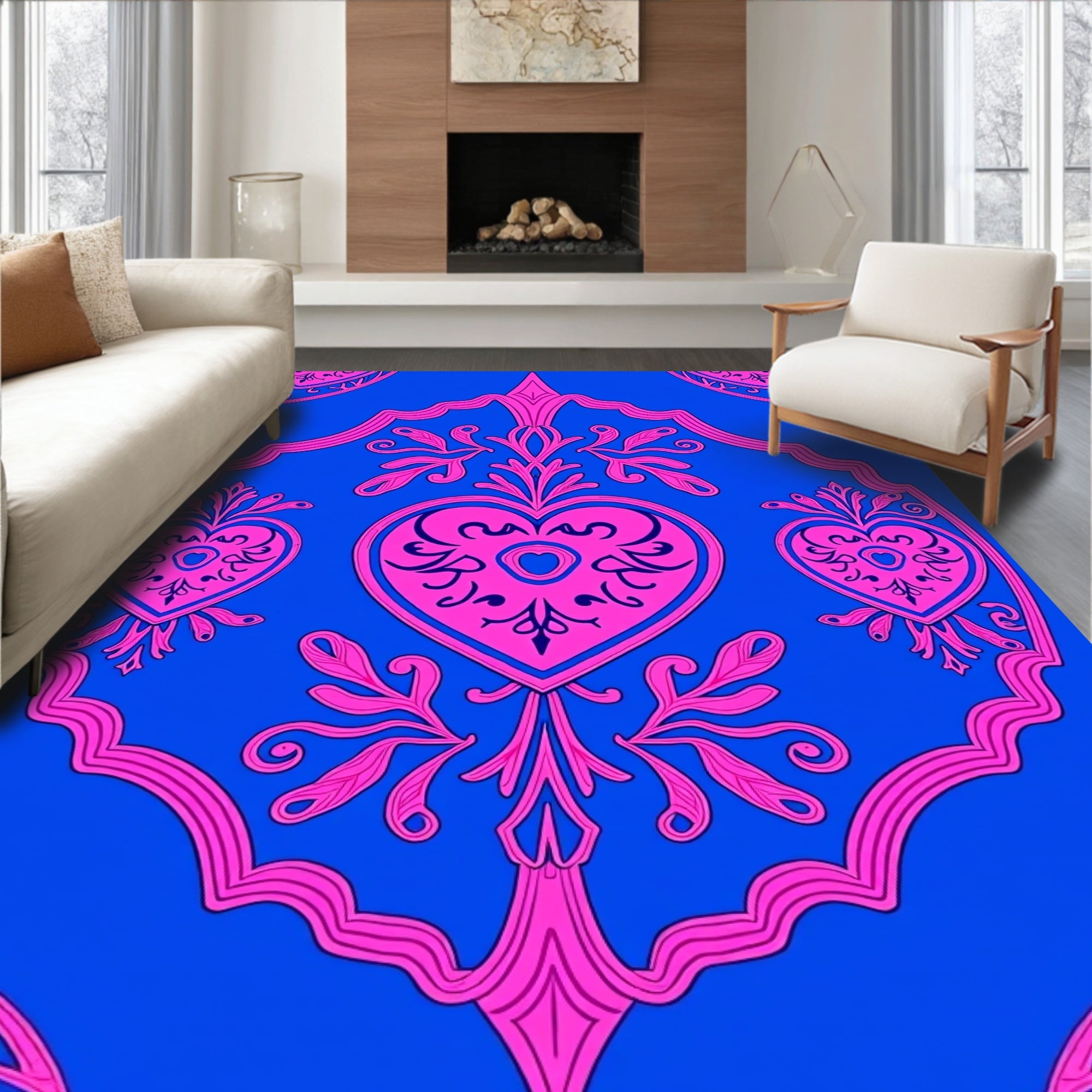 Hot Pink Heart Rococo Blue Rug