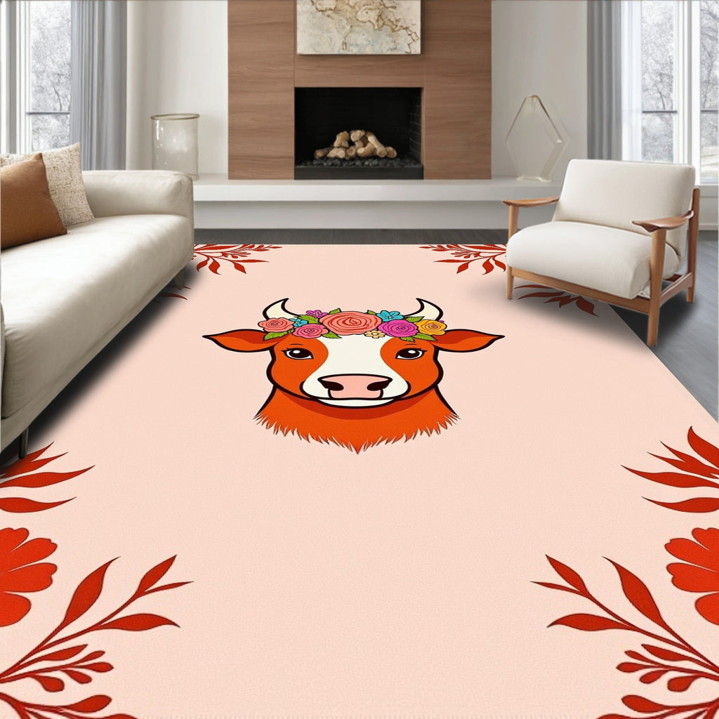 Whimsical Cow Floral Wreath Rug