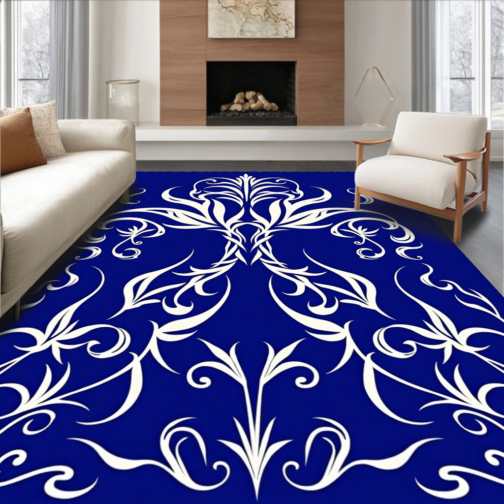 Deep Blue Ivory Floral Swirl Rug