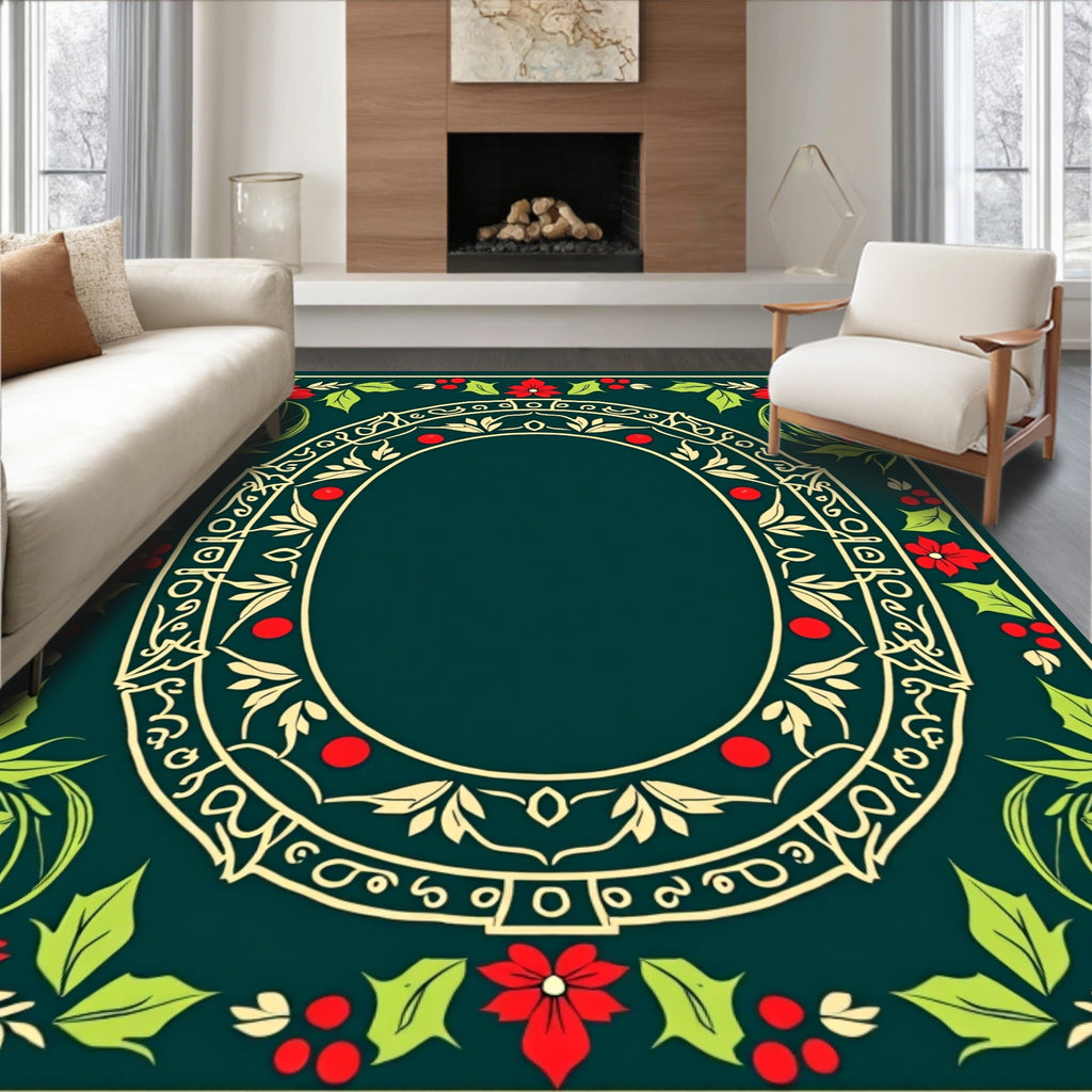 Victorian Red Poinsettia Floral Frame Rug