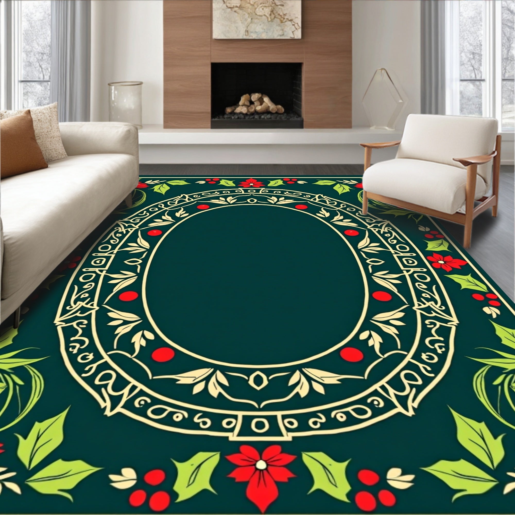 Victorian Red Poinsettia Floral Frame Rug