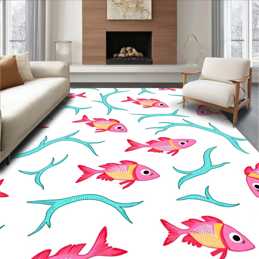 Pink Fish Teal Coral Art Rug