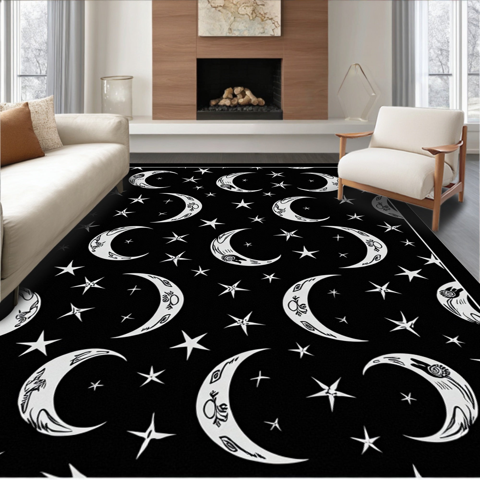Chic Black Celestial Moon Stars Rug