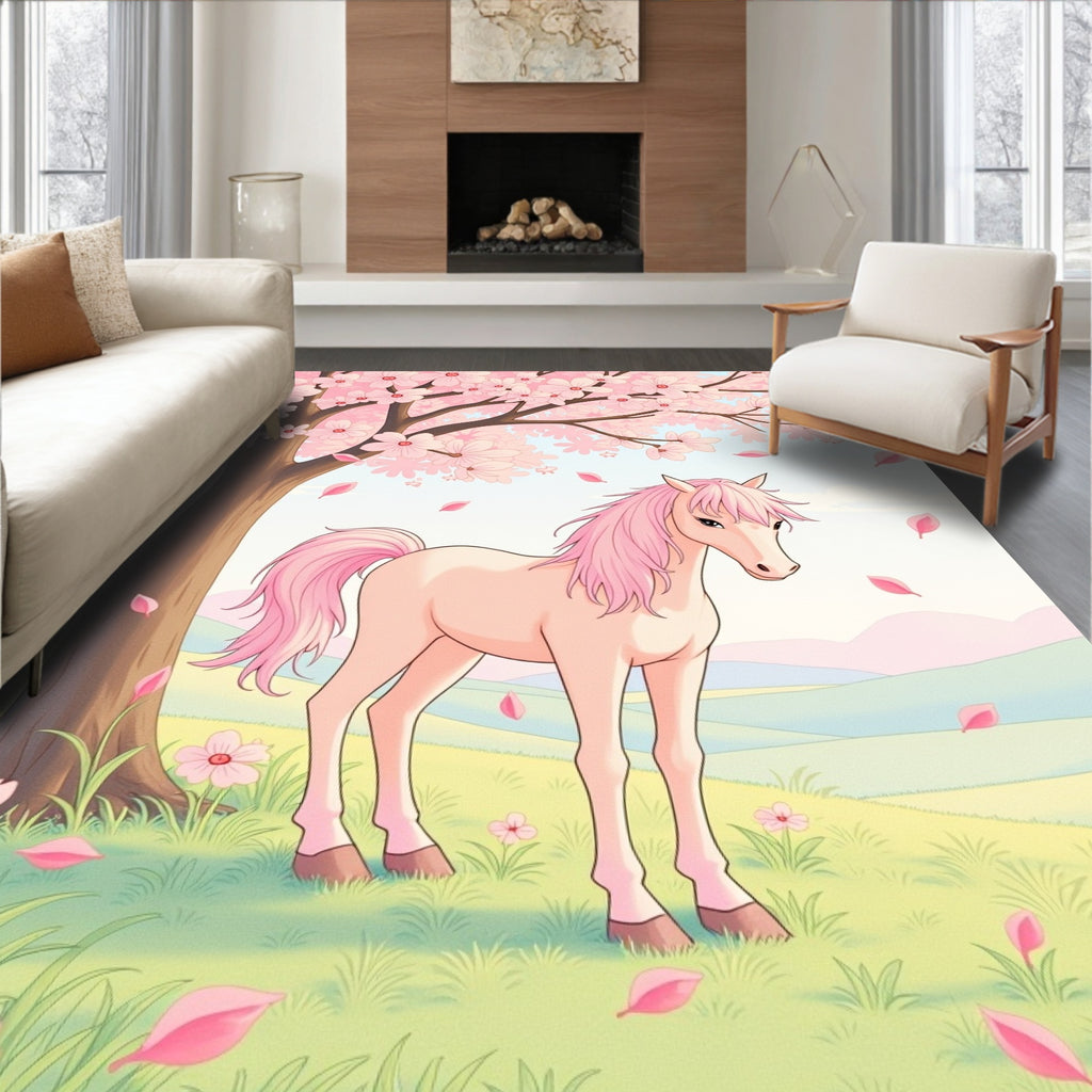 Pink Unicorn Under Cherry Blossoms Rug