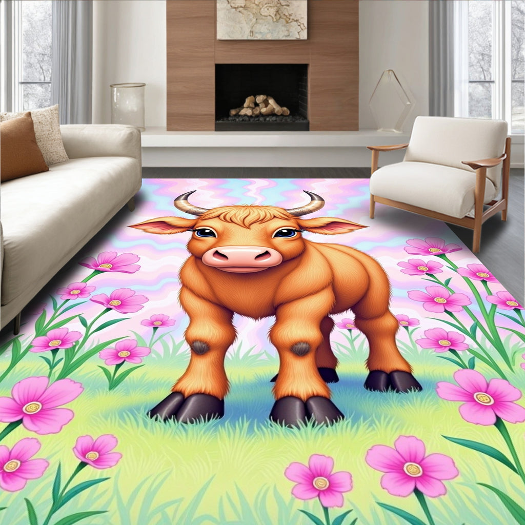 Whimsical Cow Amidst Pink Flowers Rug