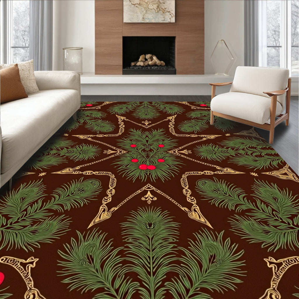 Brown Pine Branch Red Berry Medallion Rug