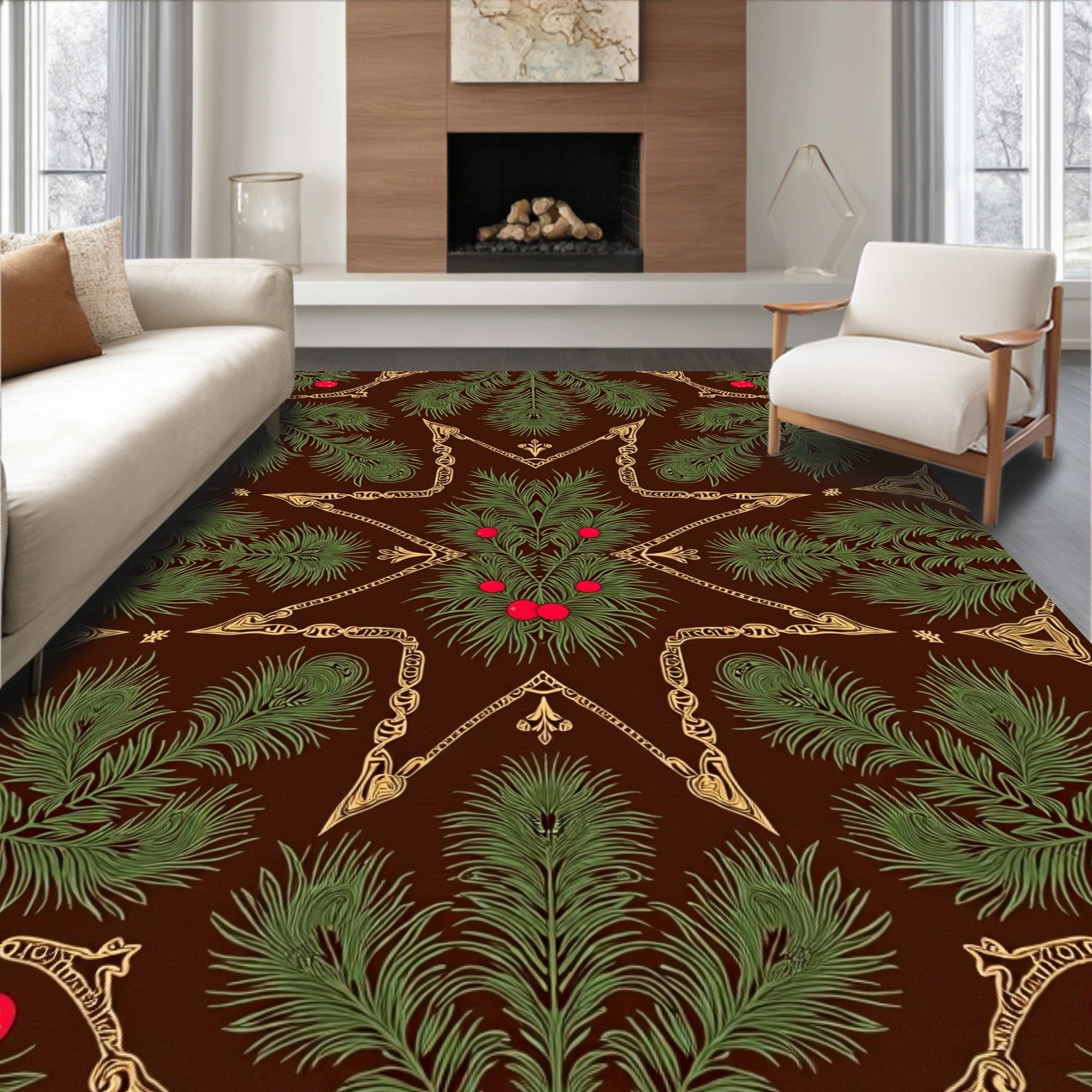 Brown Pine Branch Red Berry Medallion Rug