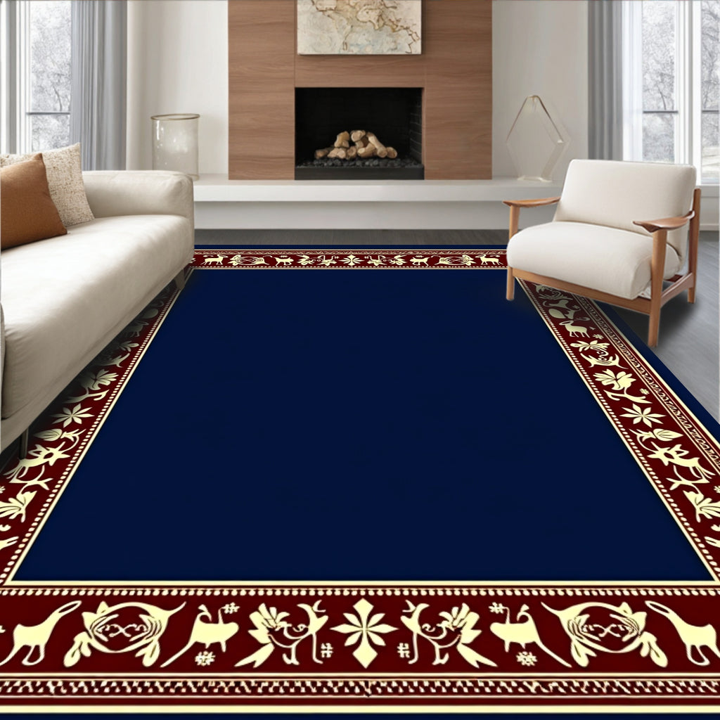 Deep Blue Folk Art Animal Border Rug