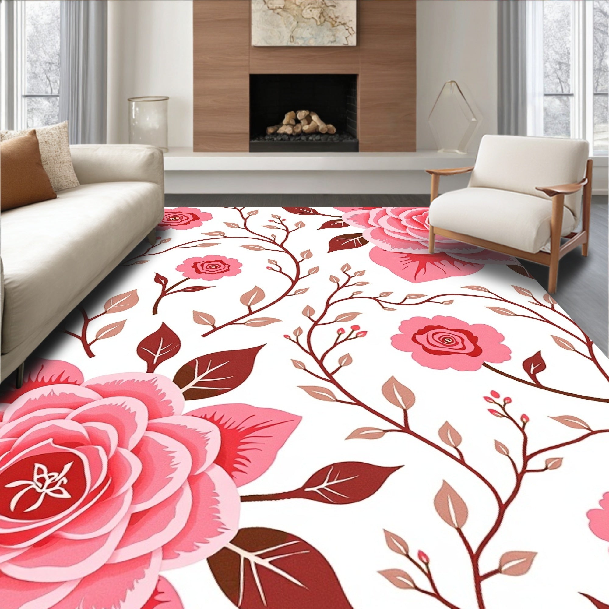 Pink Blooming Rose Vine Repeating Rug