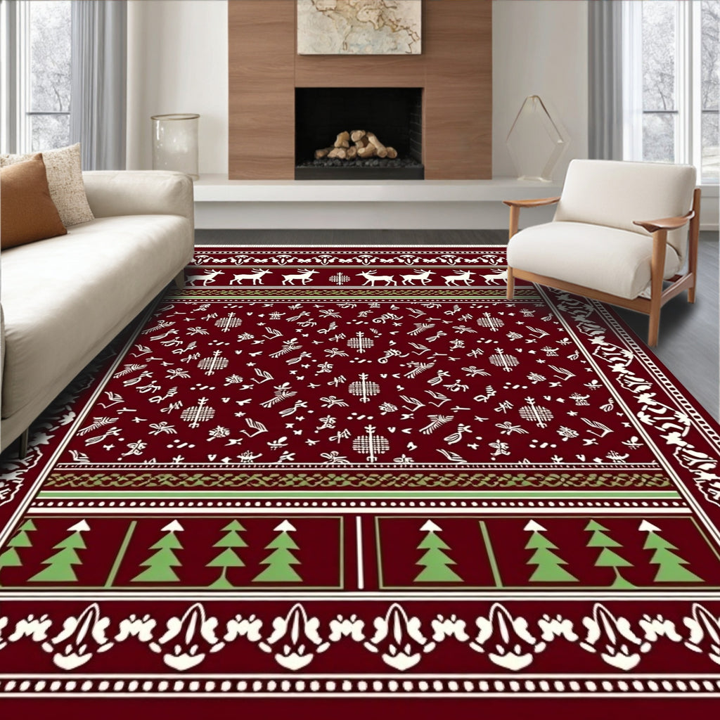 Deep Red Deer and Trees Rug