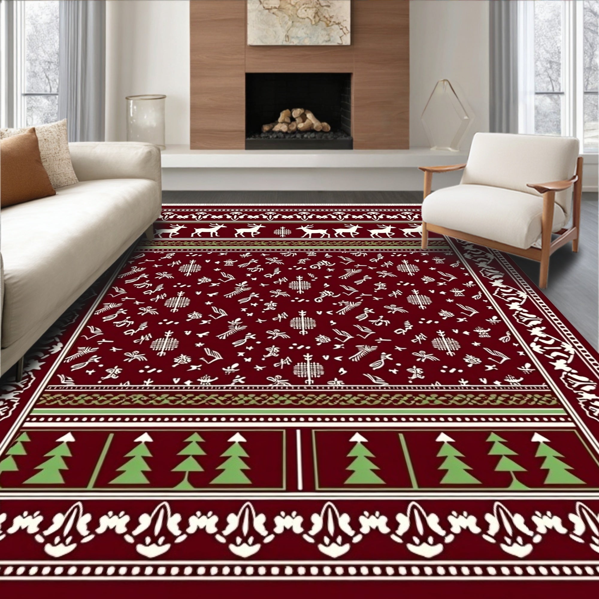 Deep Red Deer and Trees Rug