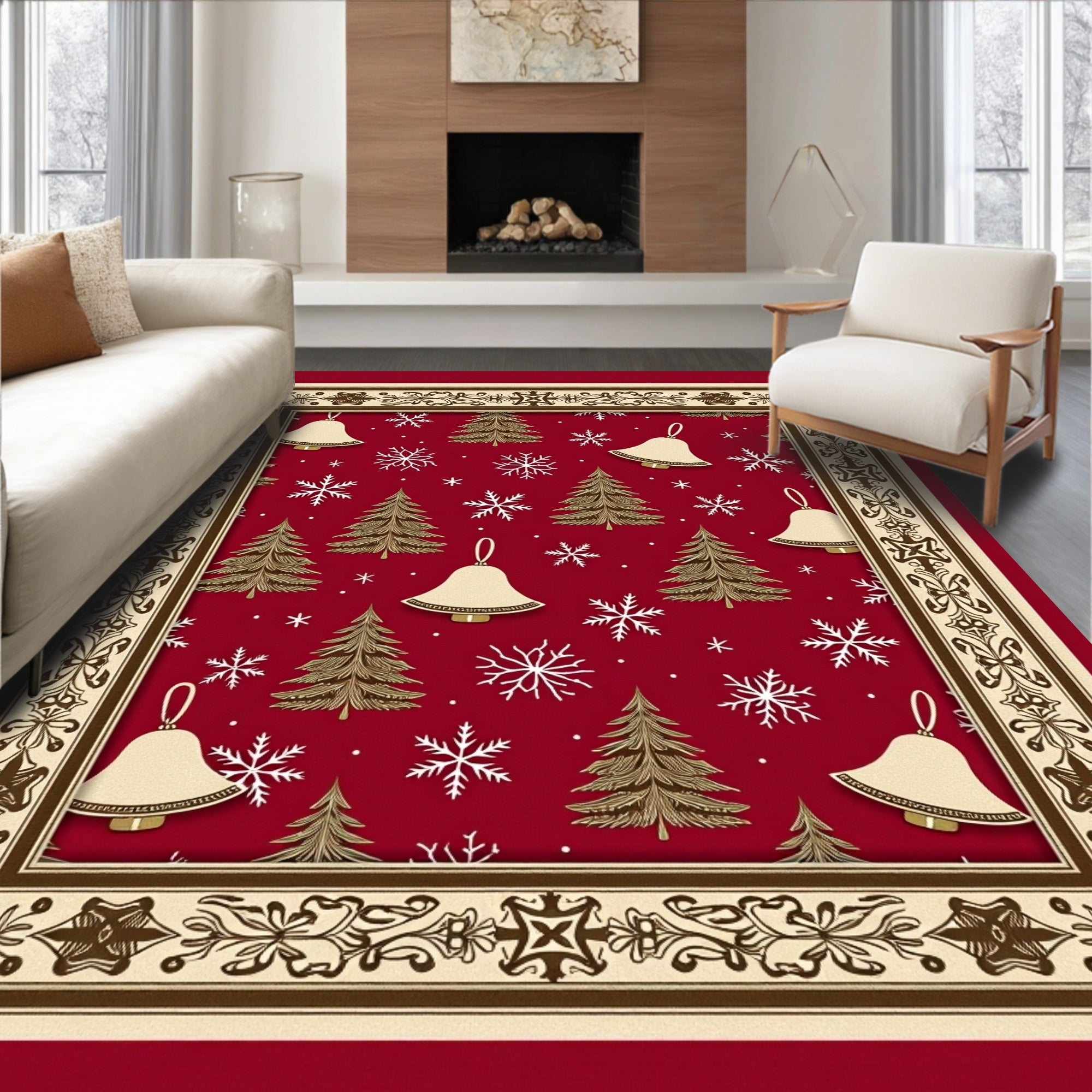 Crimson Bell Tree Snowflake Holiday Rug