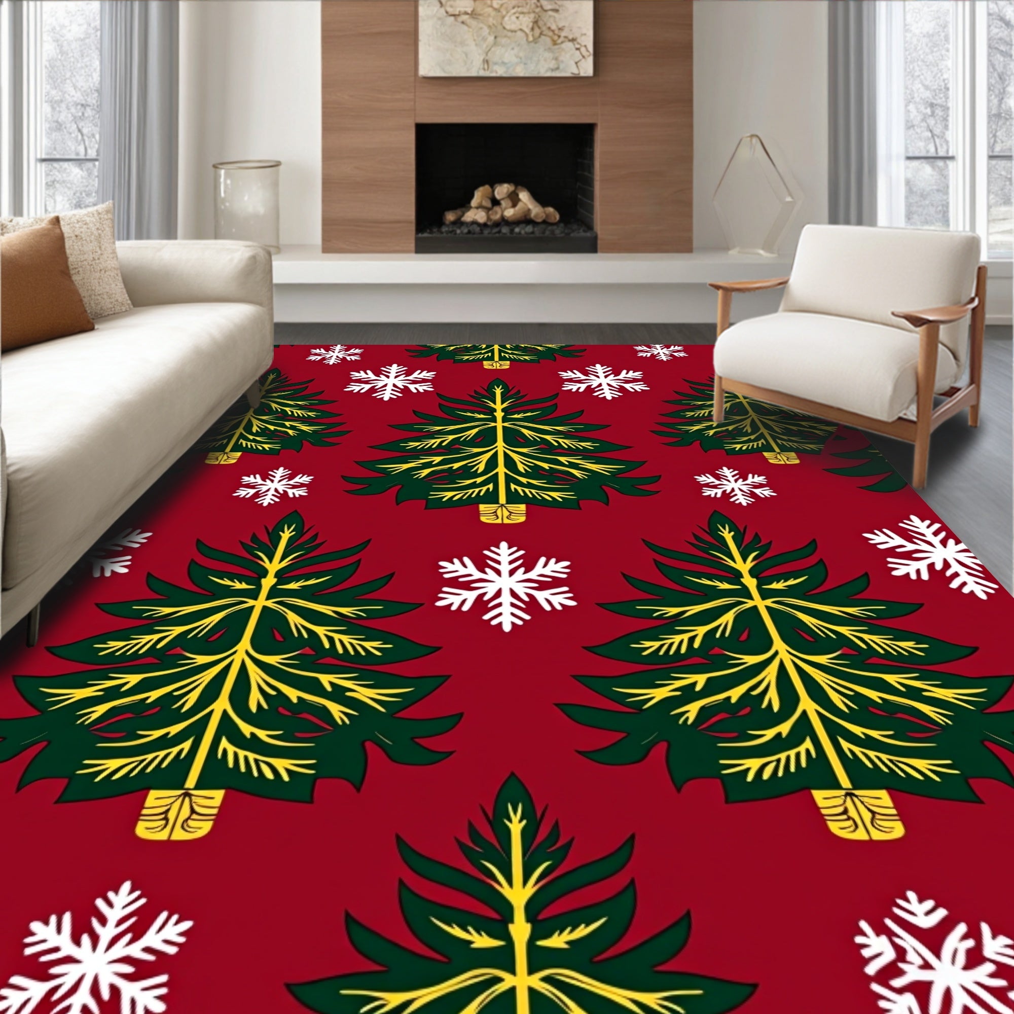 Christmas Trees Snowflakes Festive Red Rug