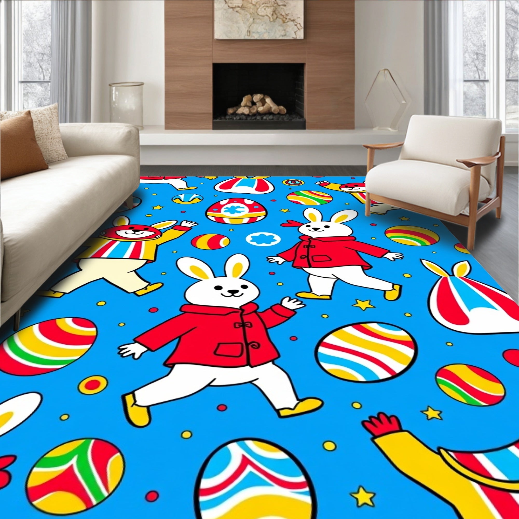 Joyful Blue Easter Bunny Eggs Rug