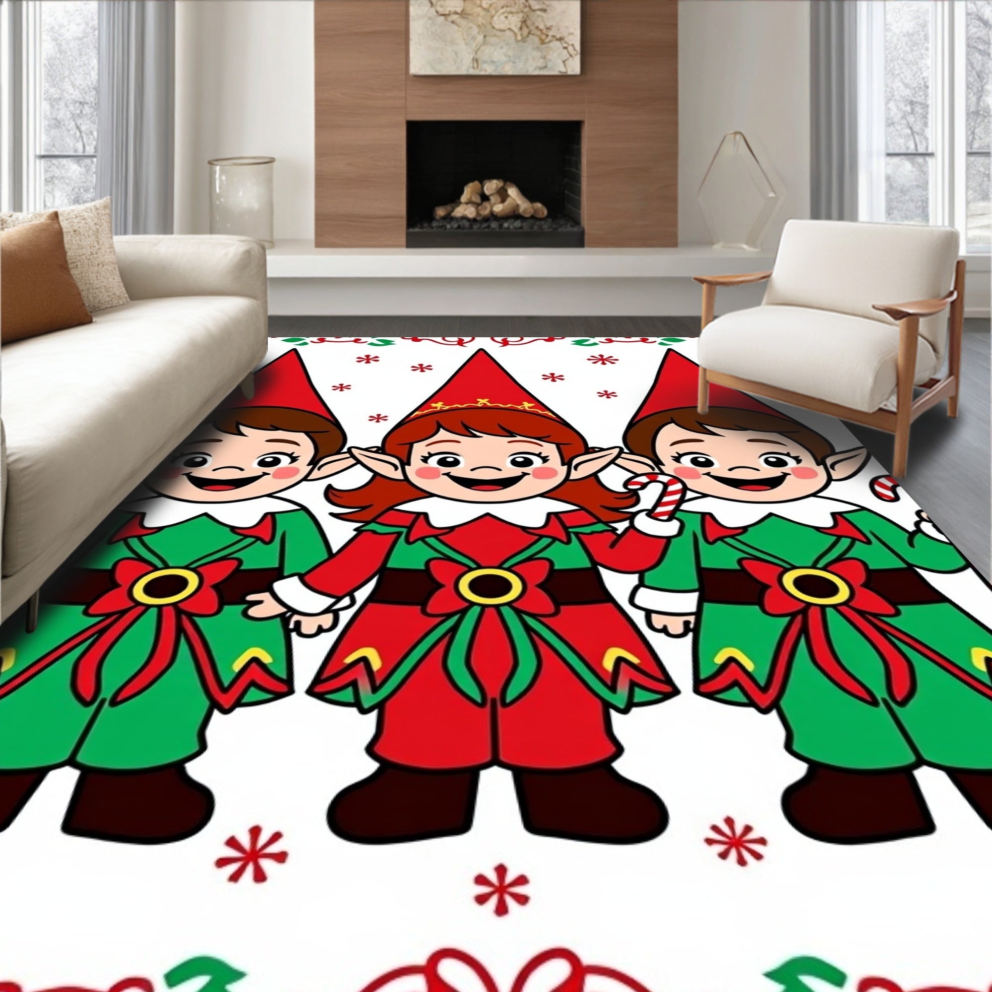 Cute Christmas Elf Characters Candy Cane Red Green Rug