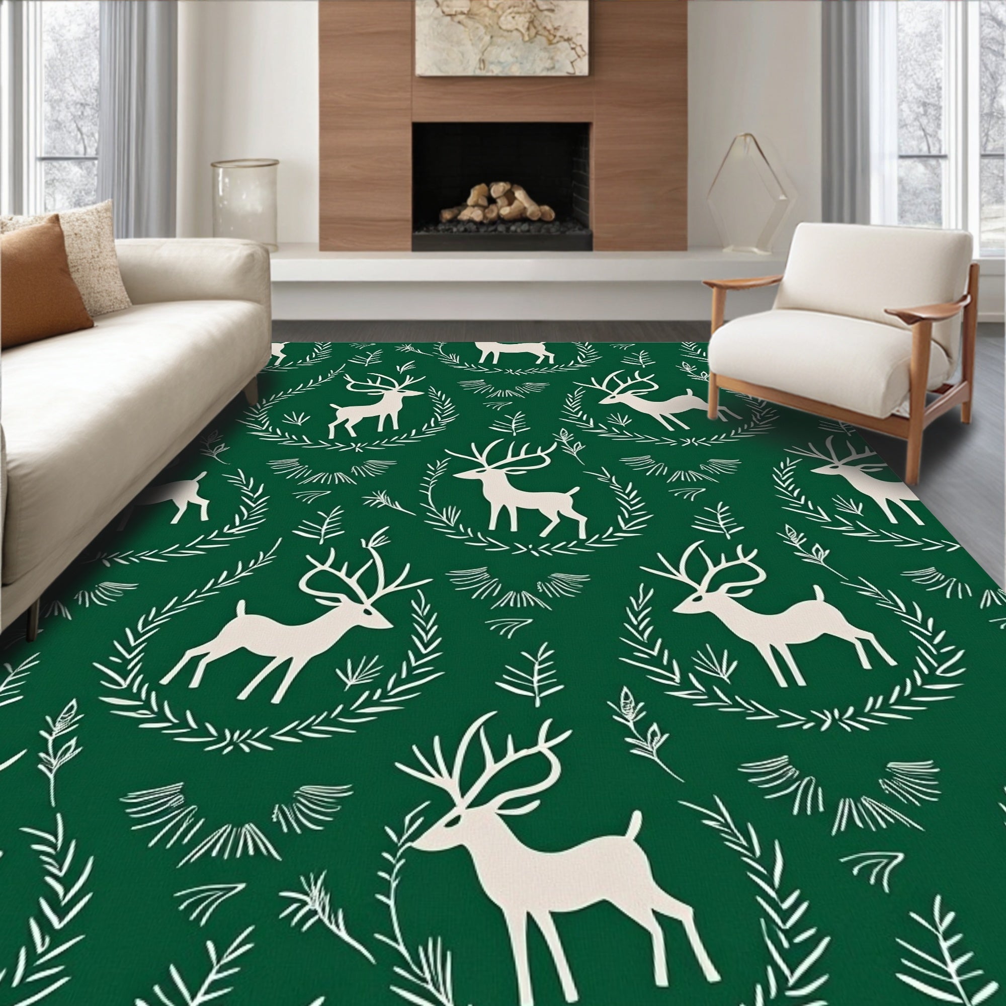 Forest Green Cream Reindeer Garland Rug