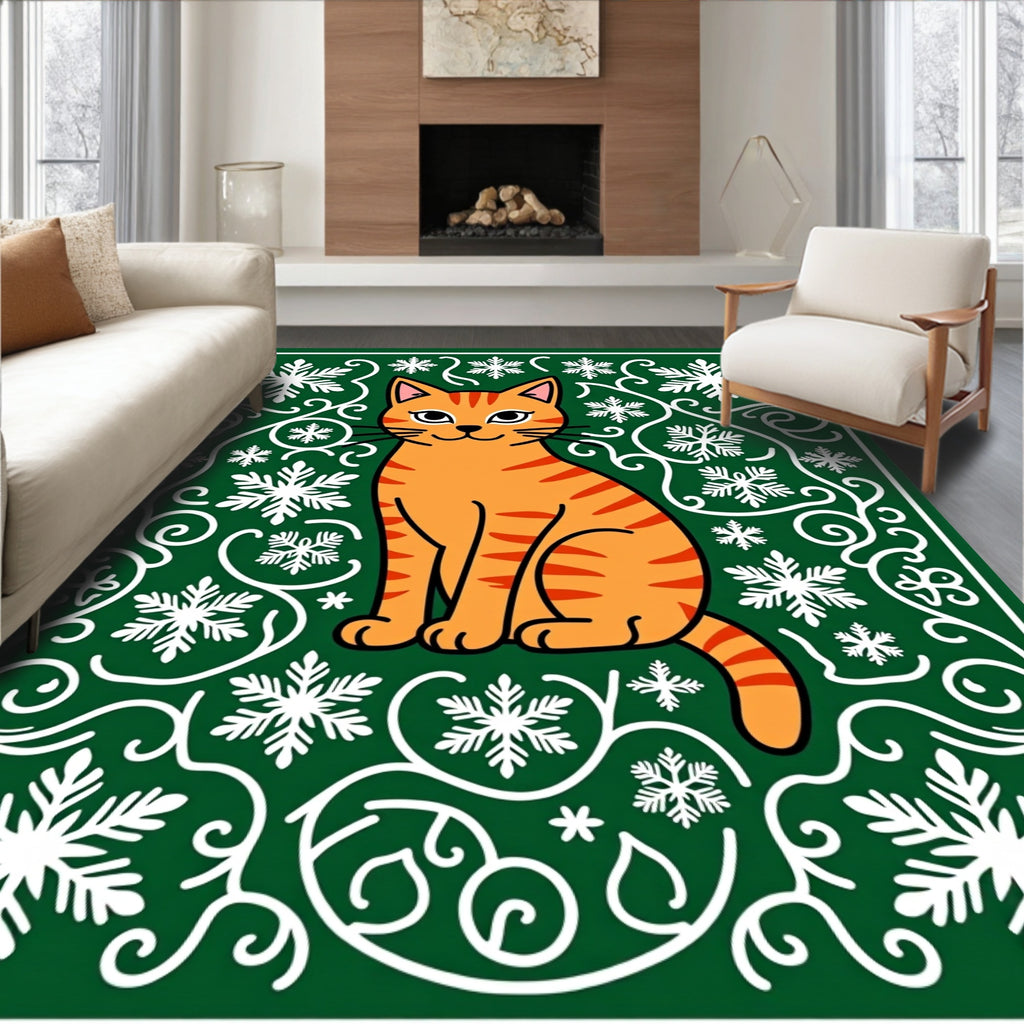 Orange Cat Snowflakes Green Swirls Rug