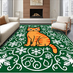 Orange Cat Snowflakes Green Swirls Rug