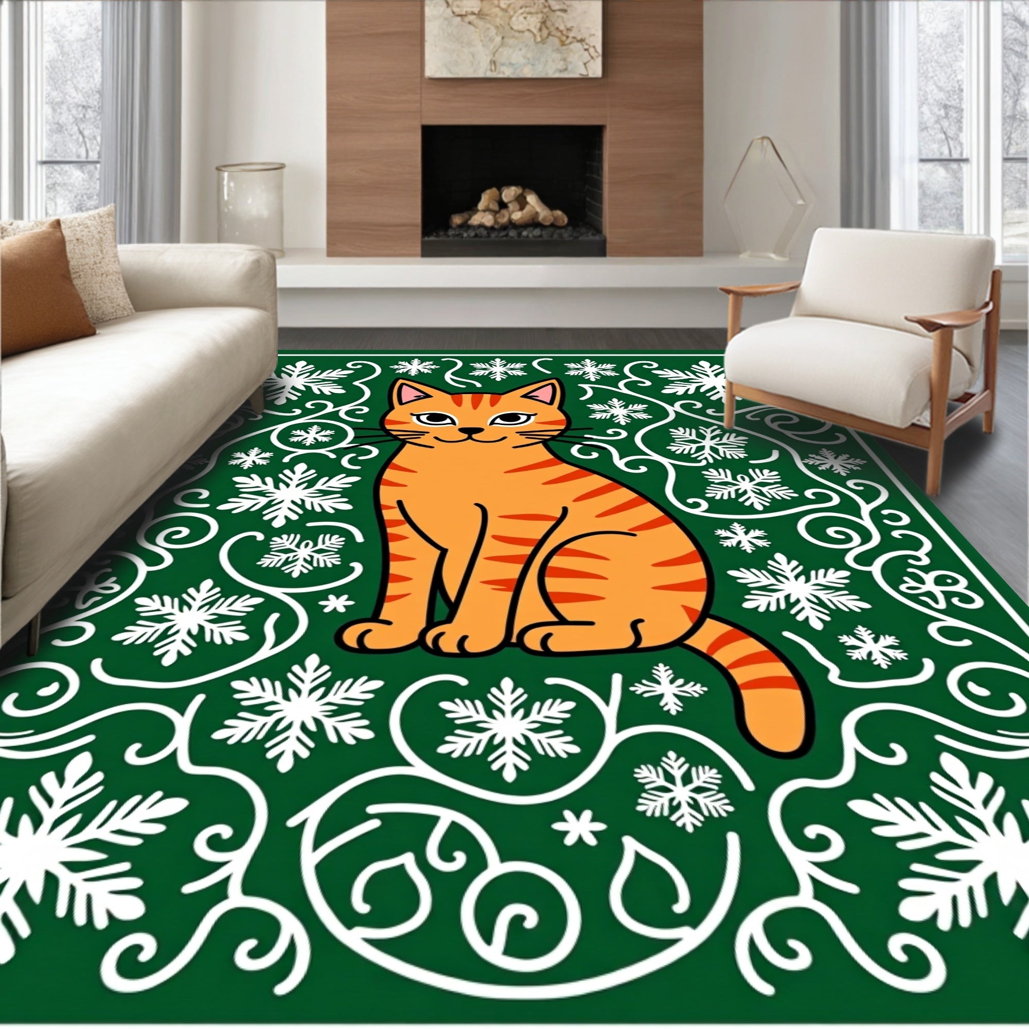 Orange Cat Snowflakes Green Swirls Rug
