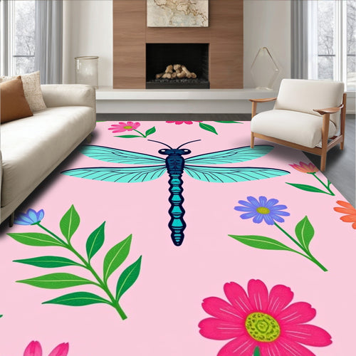 Aqua Dragonfly Pink Floral Garden Rug