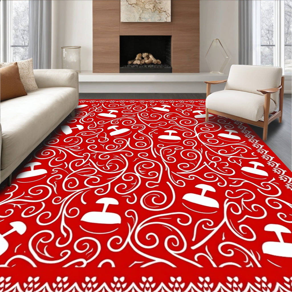 Vibrant Red Floral Scroll Design Rug