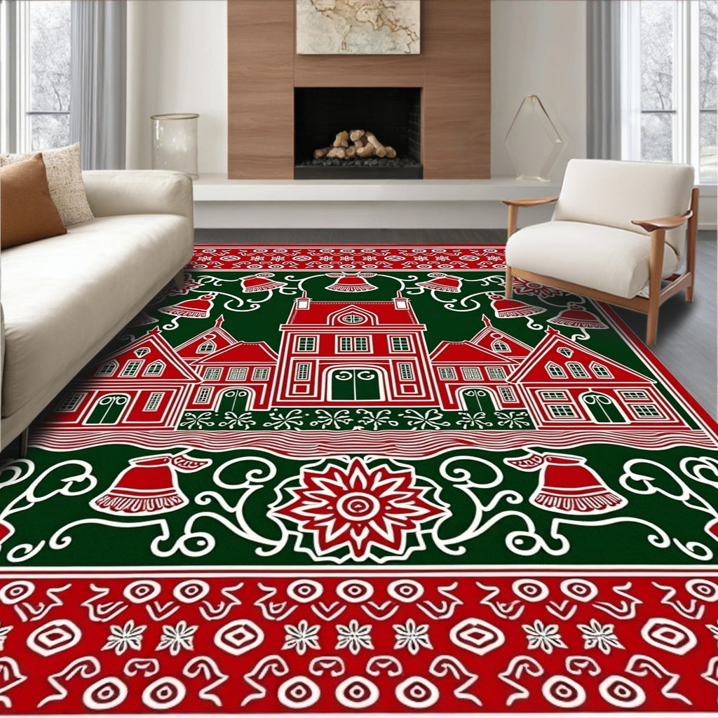 Red White Village Christmas Bells Rug