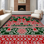 Red White Village Christmas Bells Rug