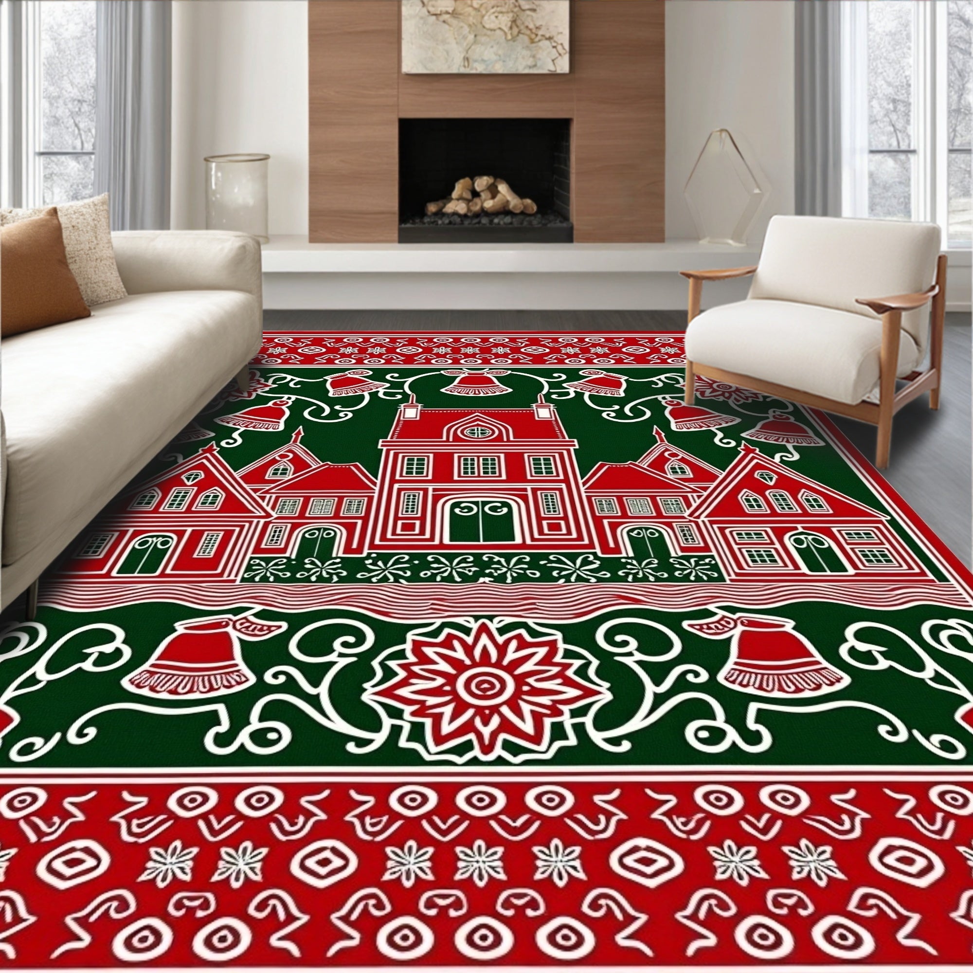 Red White Village Christmas Bells Rug