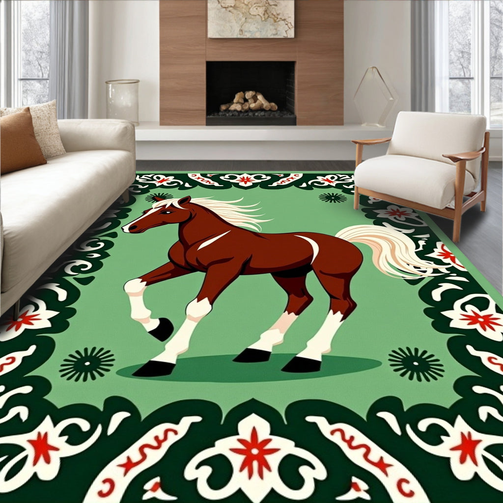 Brown Horse in Green Floral Frame Rug