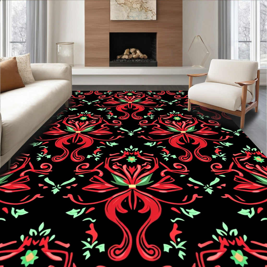 Crimson Black Floral Medallion Rug