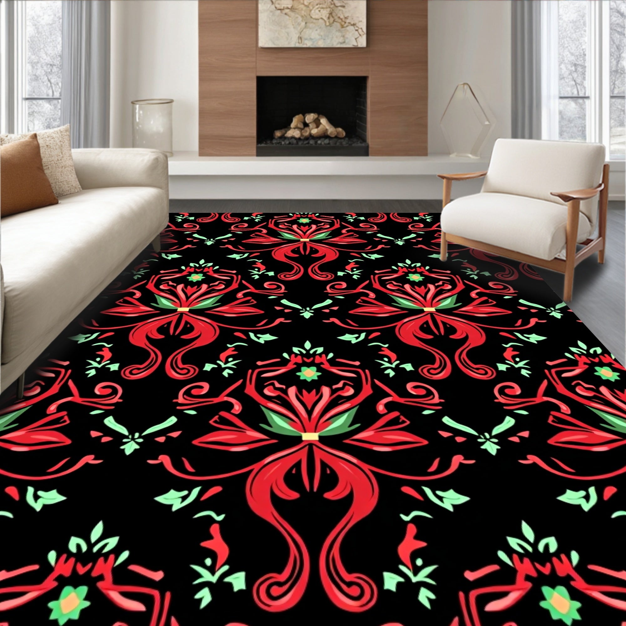 Crimson Black Floral Medallion Rug
