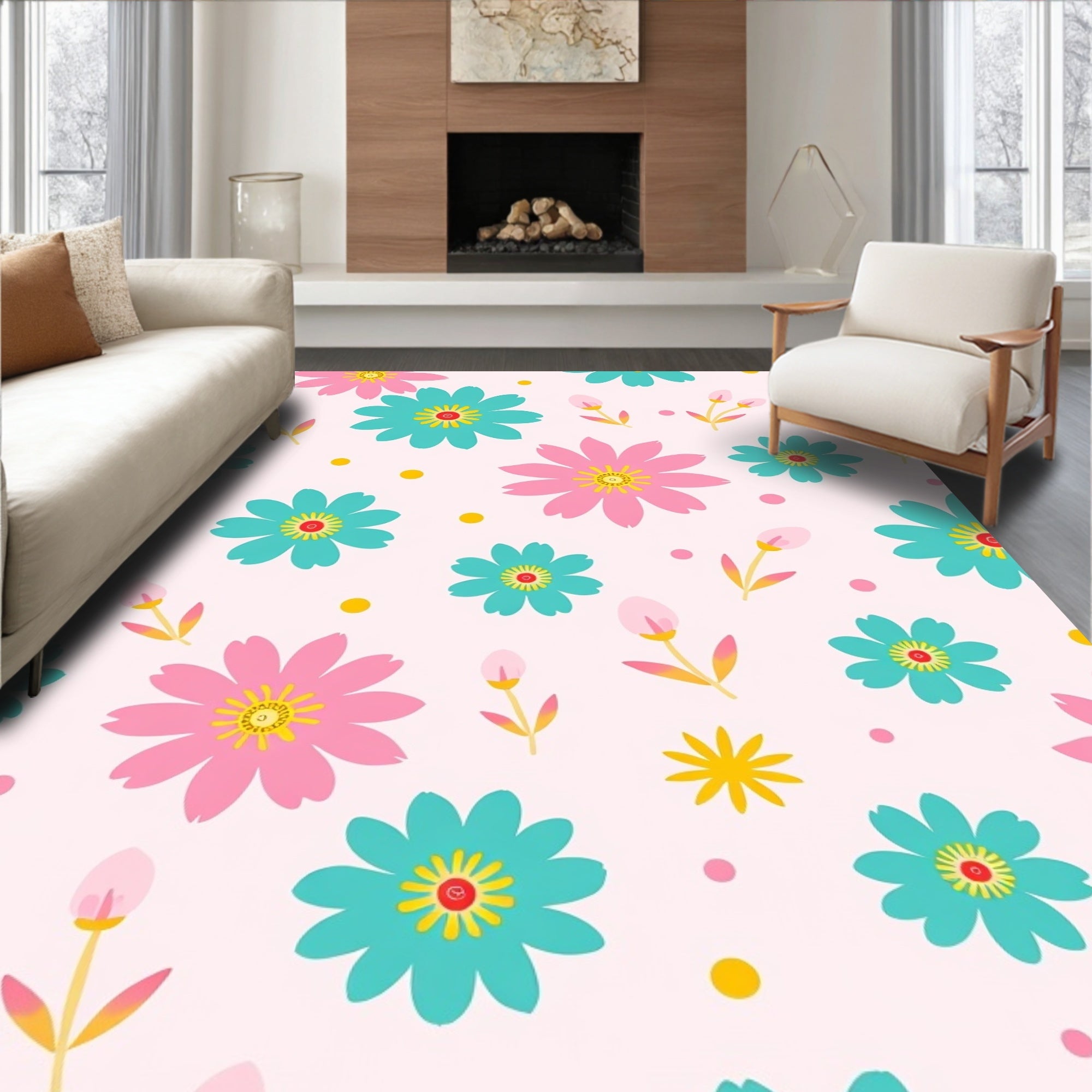 Pink Turquoise Daisy Meadow Rug