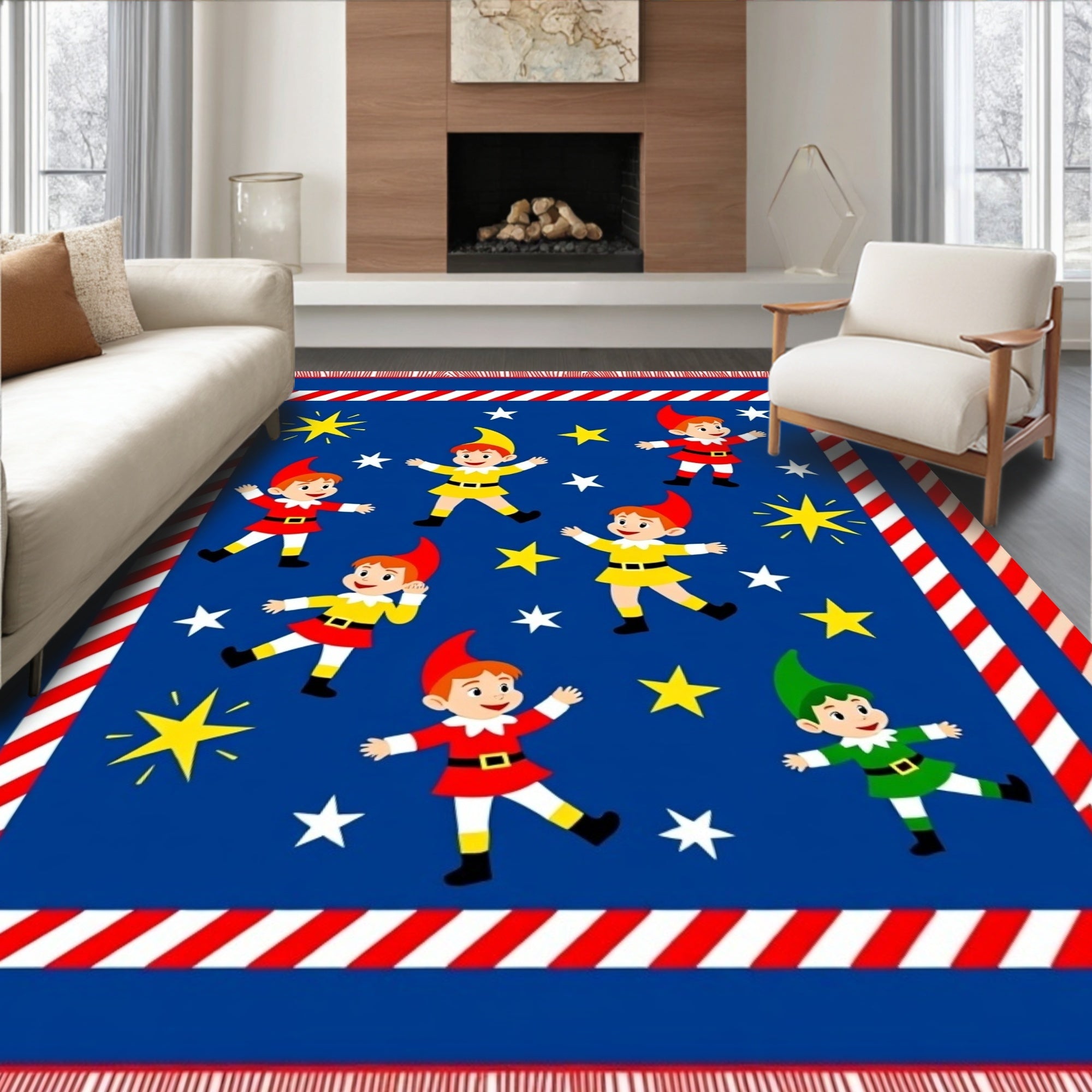 Whimsical Elf Stars Red Border Rug