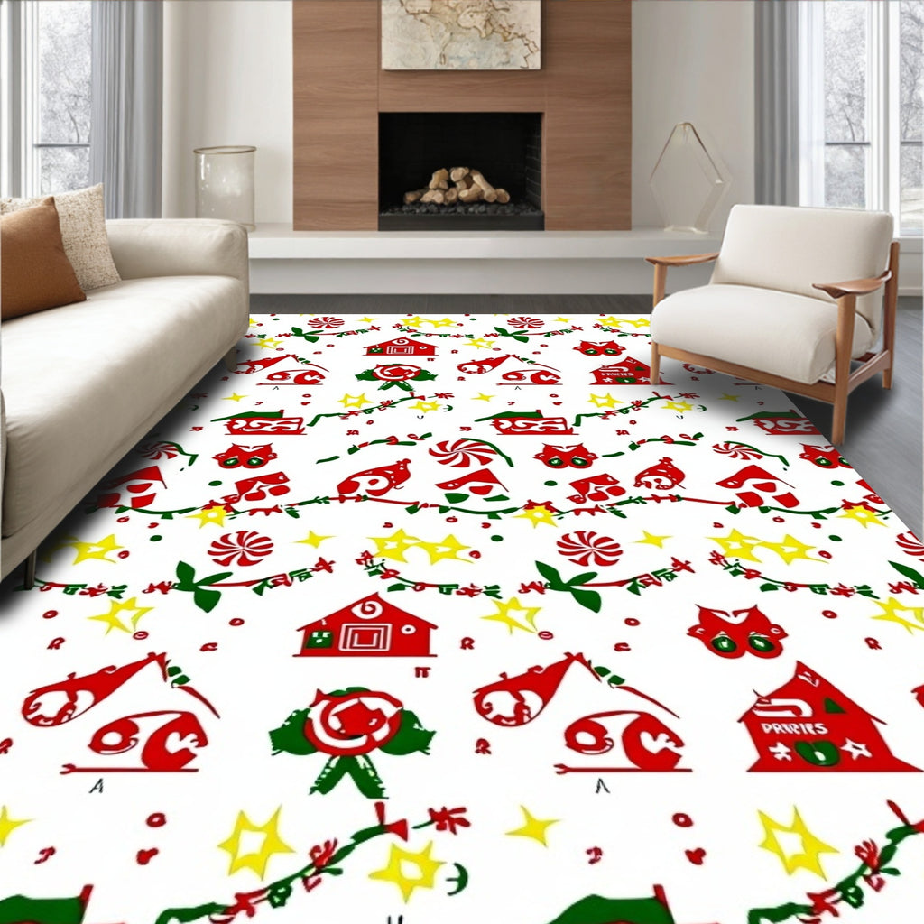 Festive Red Green Starry Gingerbread House Rug