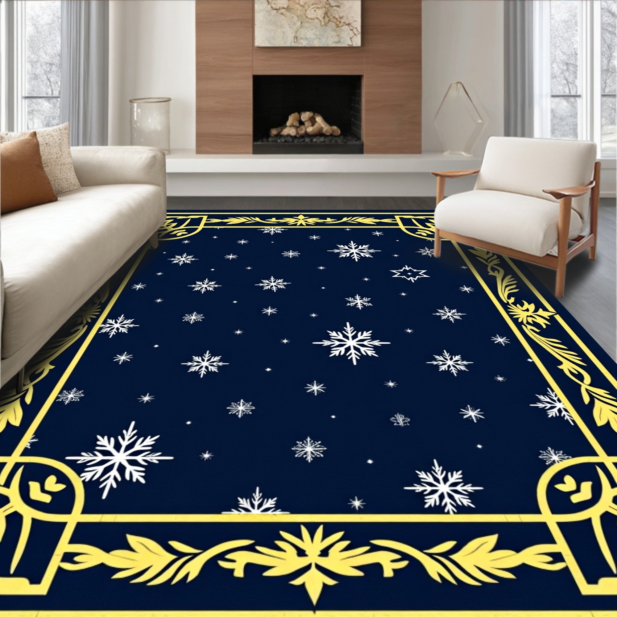 Deep Blue Snowflake Botanical Border Rug