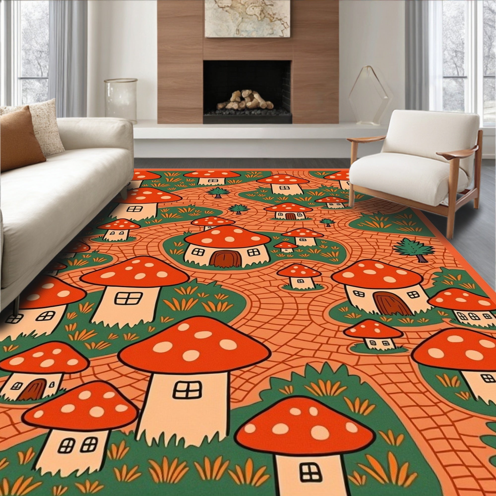 Whimsical Woodland Mushroom Village Rug