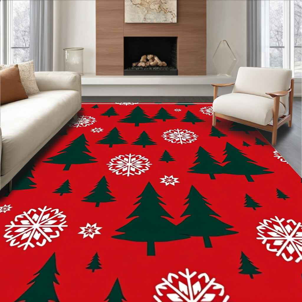 Festive Crimson Snowflakes and Trees Rug