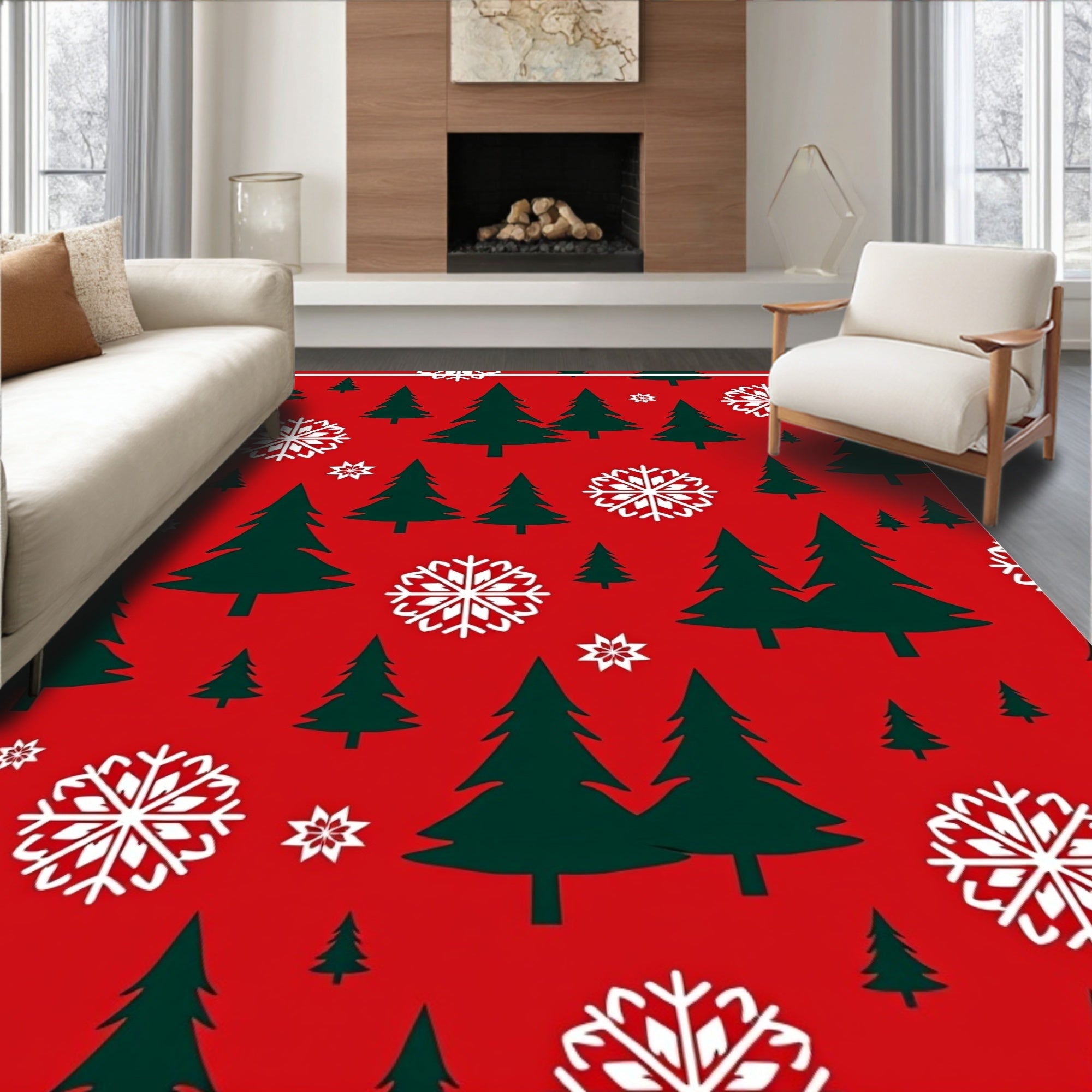 Festive Crimson Snowflakes and Trees Rug