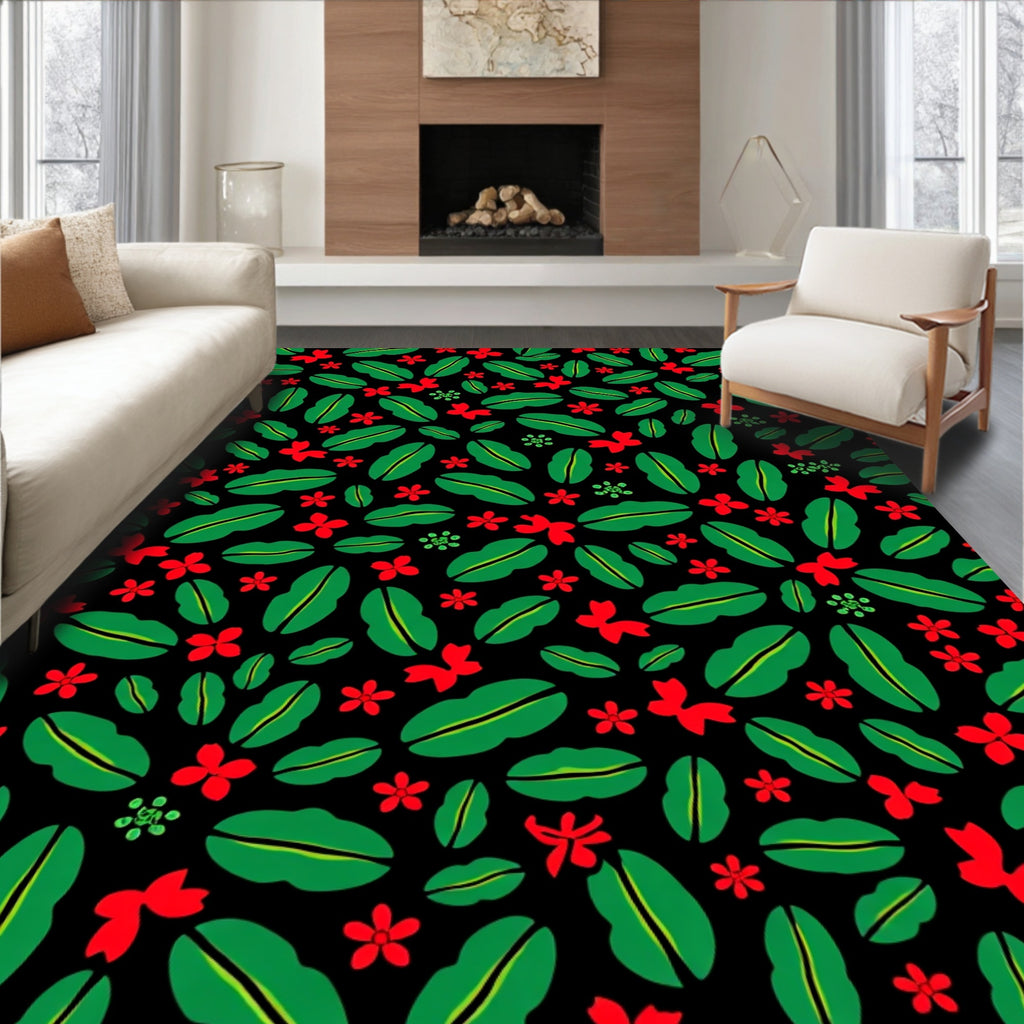 Red Floral Green Leaf Background Rug