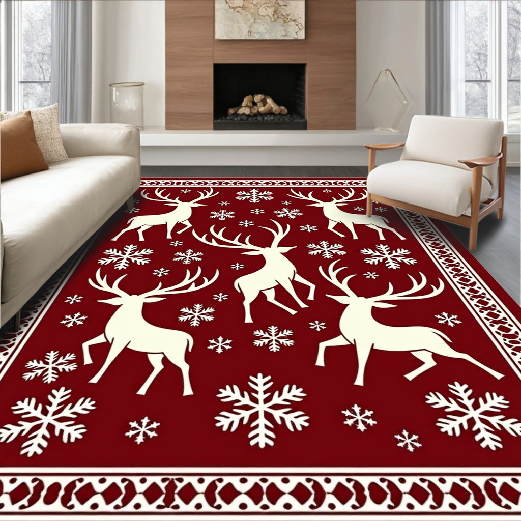 Cream Reindeer Snowflakes Crimson Border Rug