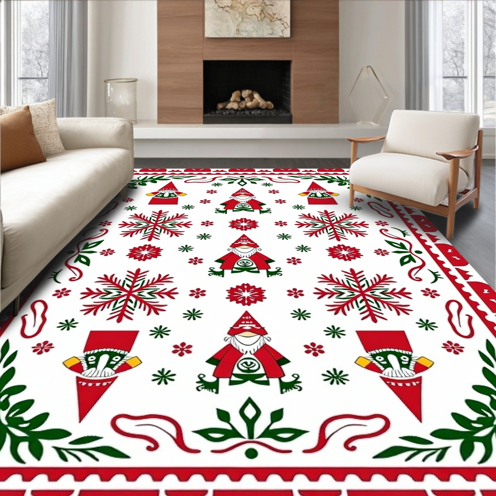 Festive Gnomes Snowflake Holiday Whimsical Rug
