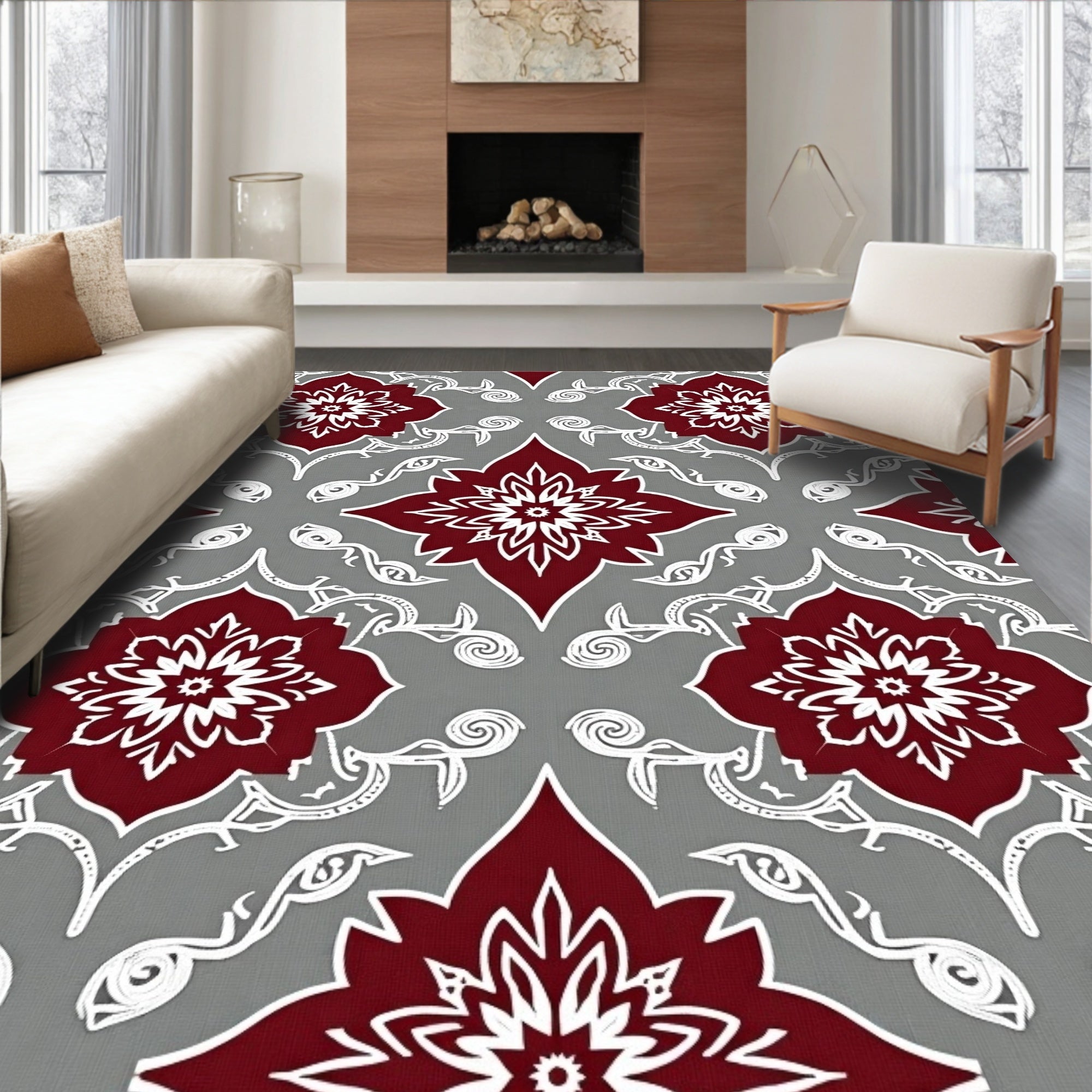 Deep Red Floral Medallion Gray Overlay Rug