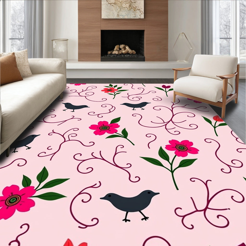 Pink Floral Bird Silhouette Garden Rug