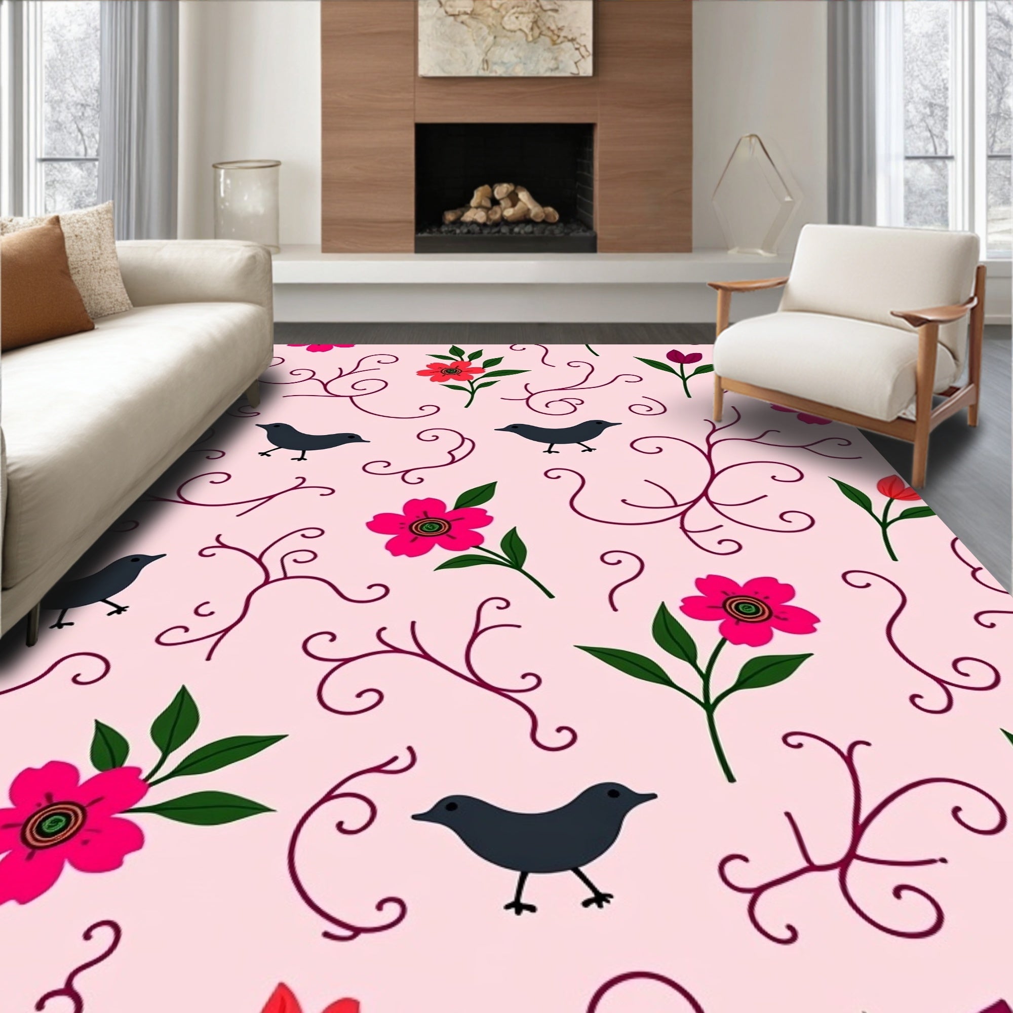 Pink Floral Bird Silhouette Garden Rug