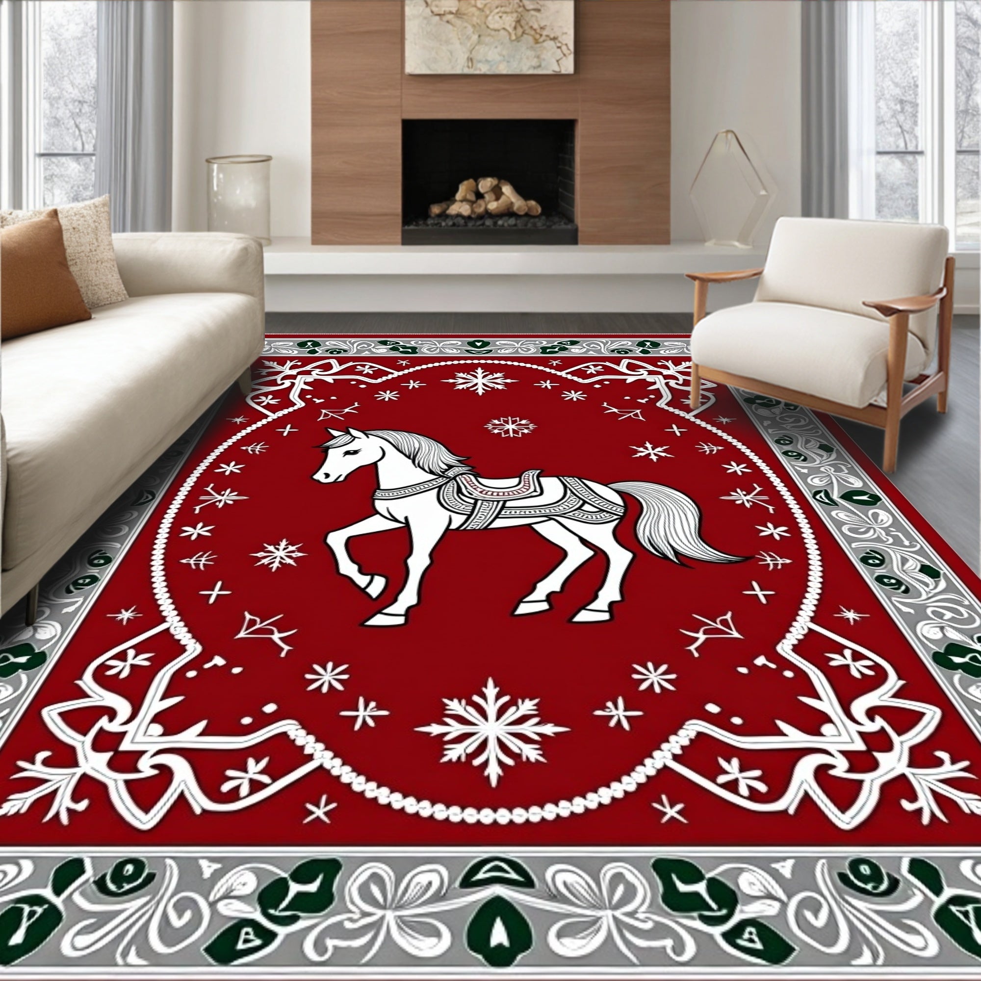 Crimson Horse Snowflake Festive Border Rug