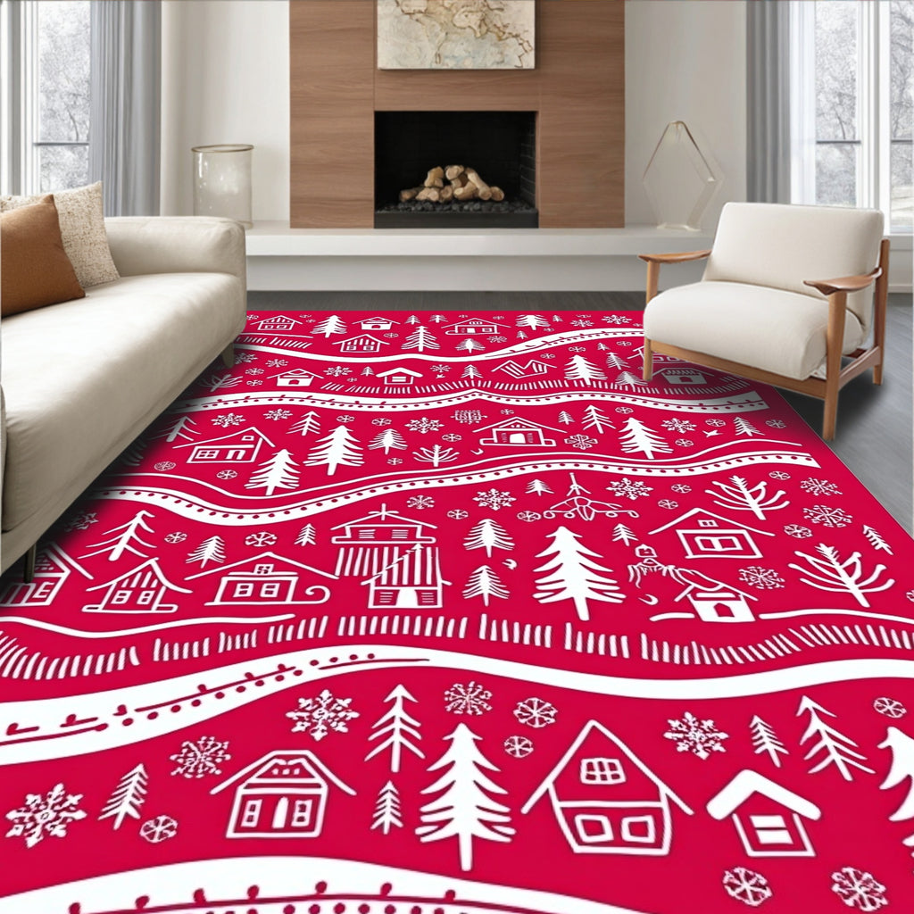 Rustic Red Village Snowy Trees Rug