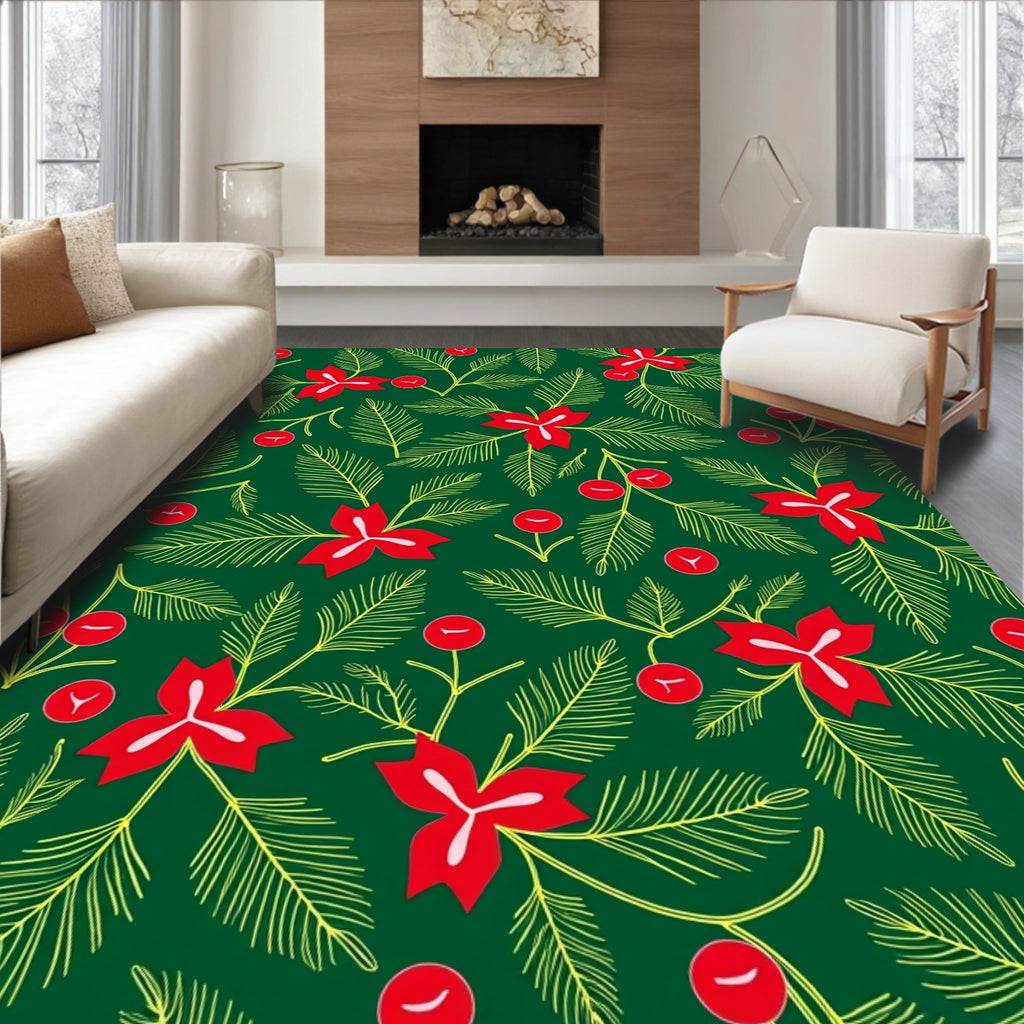 Red Poinsettia Green Berry Garland Rug