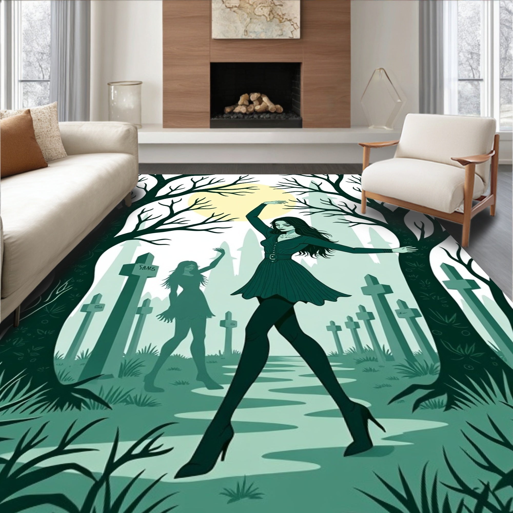 Macabre Goth Cemetery Moonlit Scene Rug