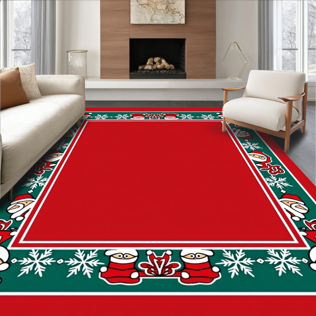 Festive Red Green Santa Snowflakes Border Rug