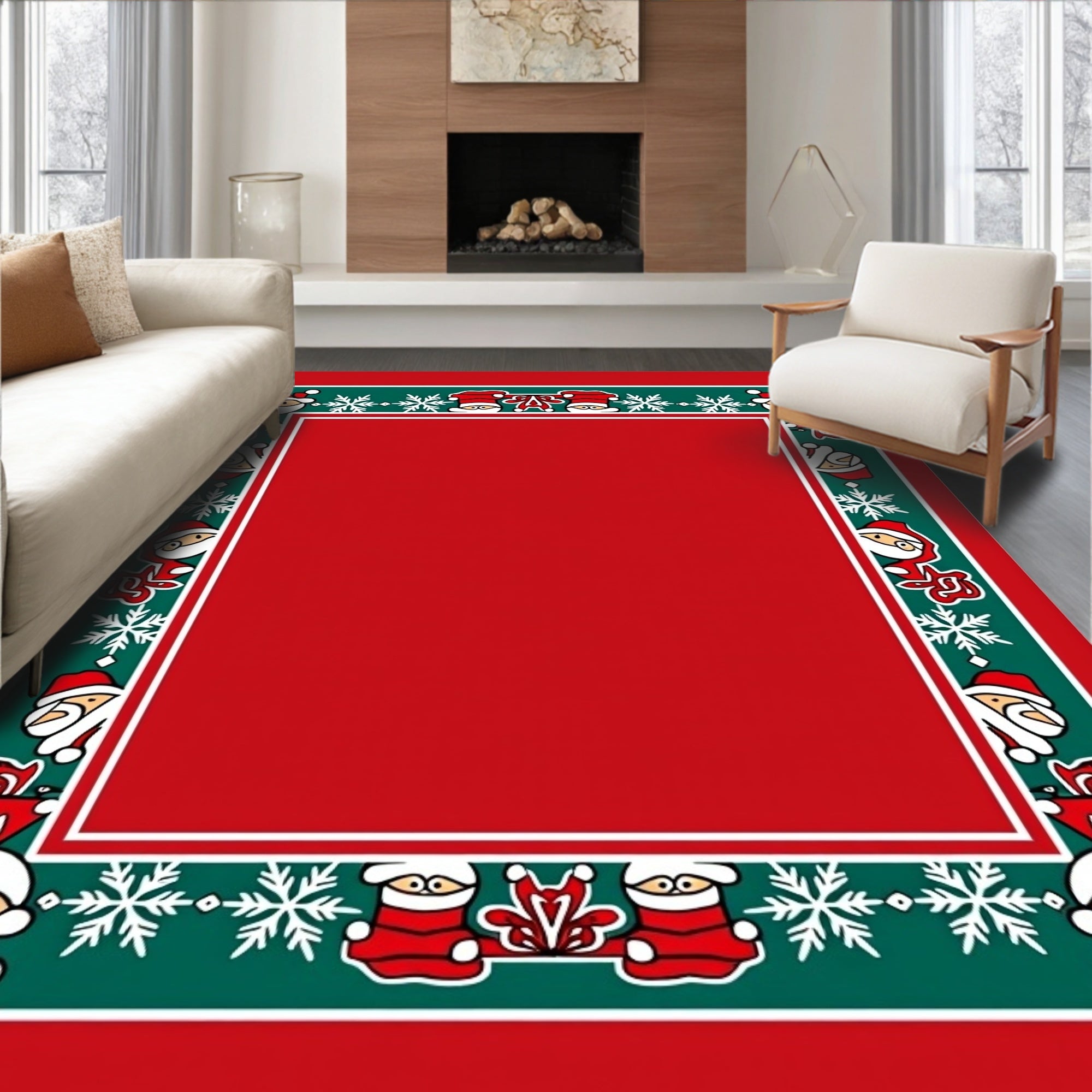 Festive Red Green Santa Snowflakes Border Rug